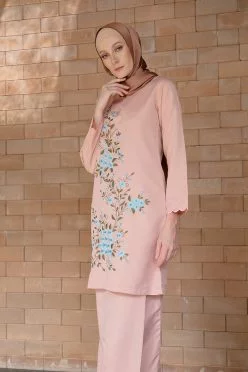 habra haute baju kurung labuh baju kurung pahang kurung moden kurung cotton modern kurung sulam bunga baju raya 2020 baju kurung pink MM03