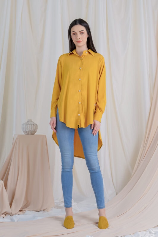 habra haute casual top casual wear for women blouse muslimah shirt for women shirt collar type butang depan gio button shirt mustard GI10