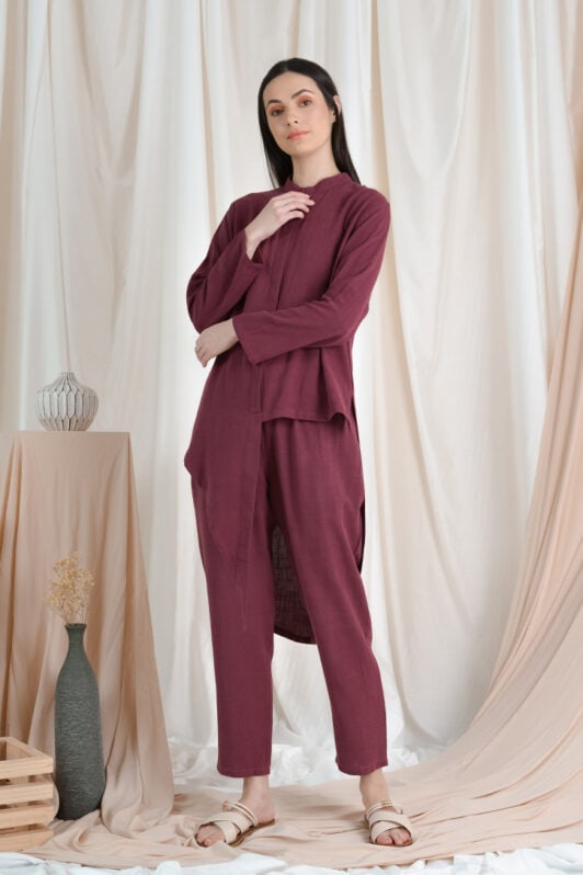 habra haute casual top pants suit casual wear for women blouse muslimah shirt for women shirt collar type kasual niko NI05 burgundy